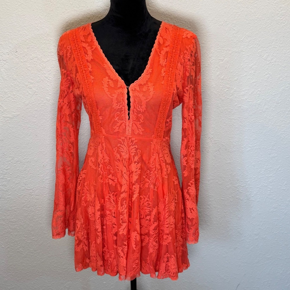 Free People Reign Over Me Orange Lace Mini Dress Long Sleeve V-Neck Mesh Back
